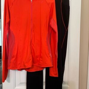 Asics Vibrant Orange Black 2pc Active Suit Zip-Up Jacket and Flare leg pants